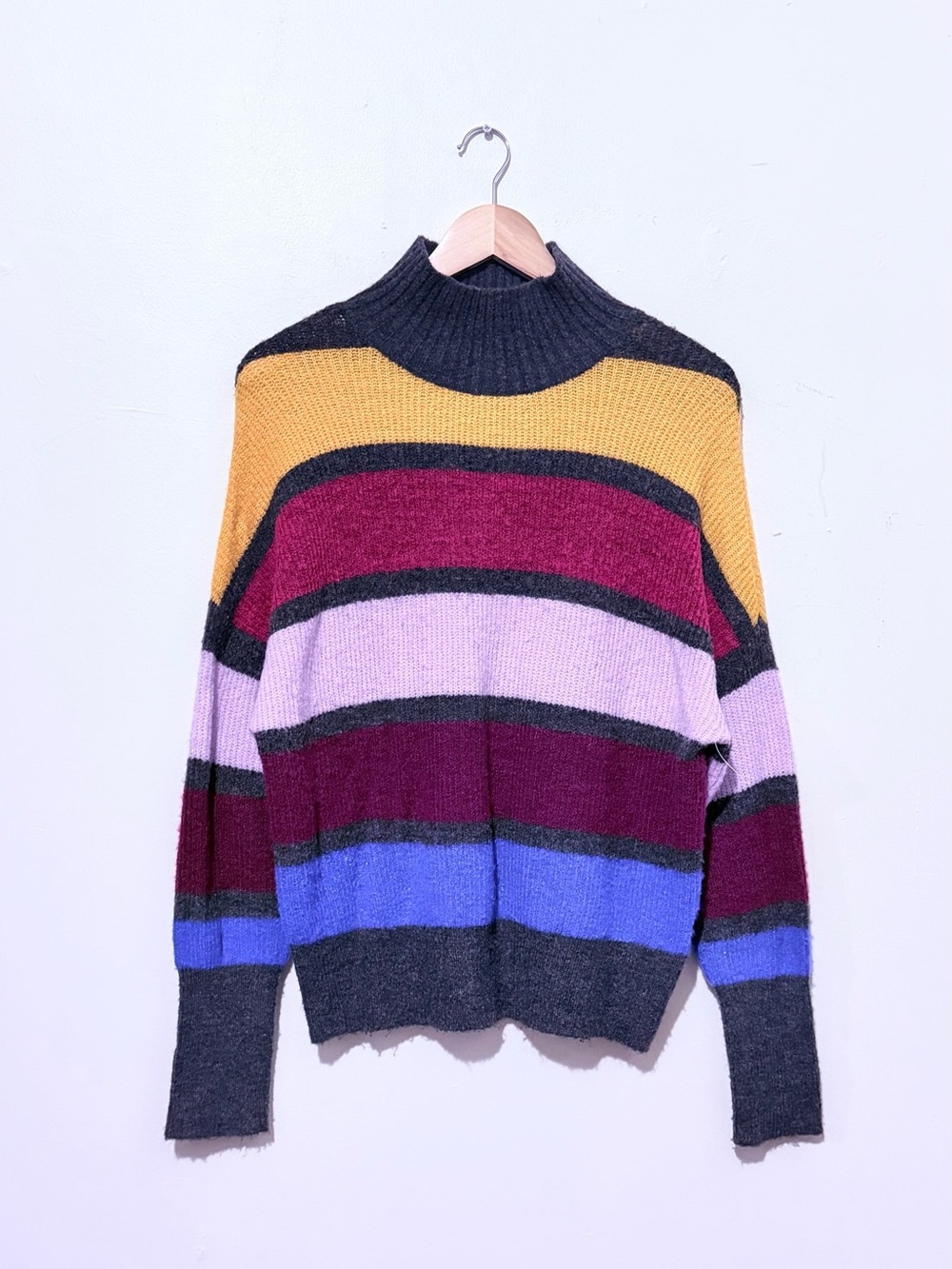 Express Striped Turtleneck Sweater in Mustard, Burgundy, Lilac & Charcoal